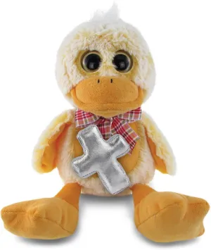 DolliBu Super Soft Sitting Duck Stuffed Animal with Silver Cross Plush - Religious Baptism Gifts for Boys and Girls, Dedication Christening Gifts Plush Prayer Toy Healing Teddy Bear - 9 Inches