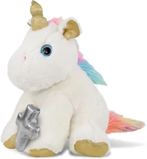 DolliBu White and Gold Unicorn Stuffed Animal with Silver Cross and Personalization - Religious Baptism Gifts for Boys, Girls Dedication Christening Gifts Plush Prayer Toy Healing Teddy - 14 Inch