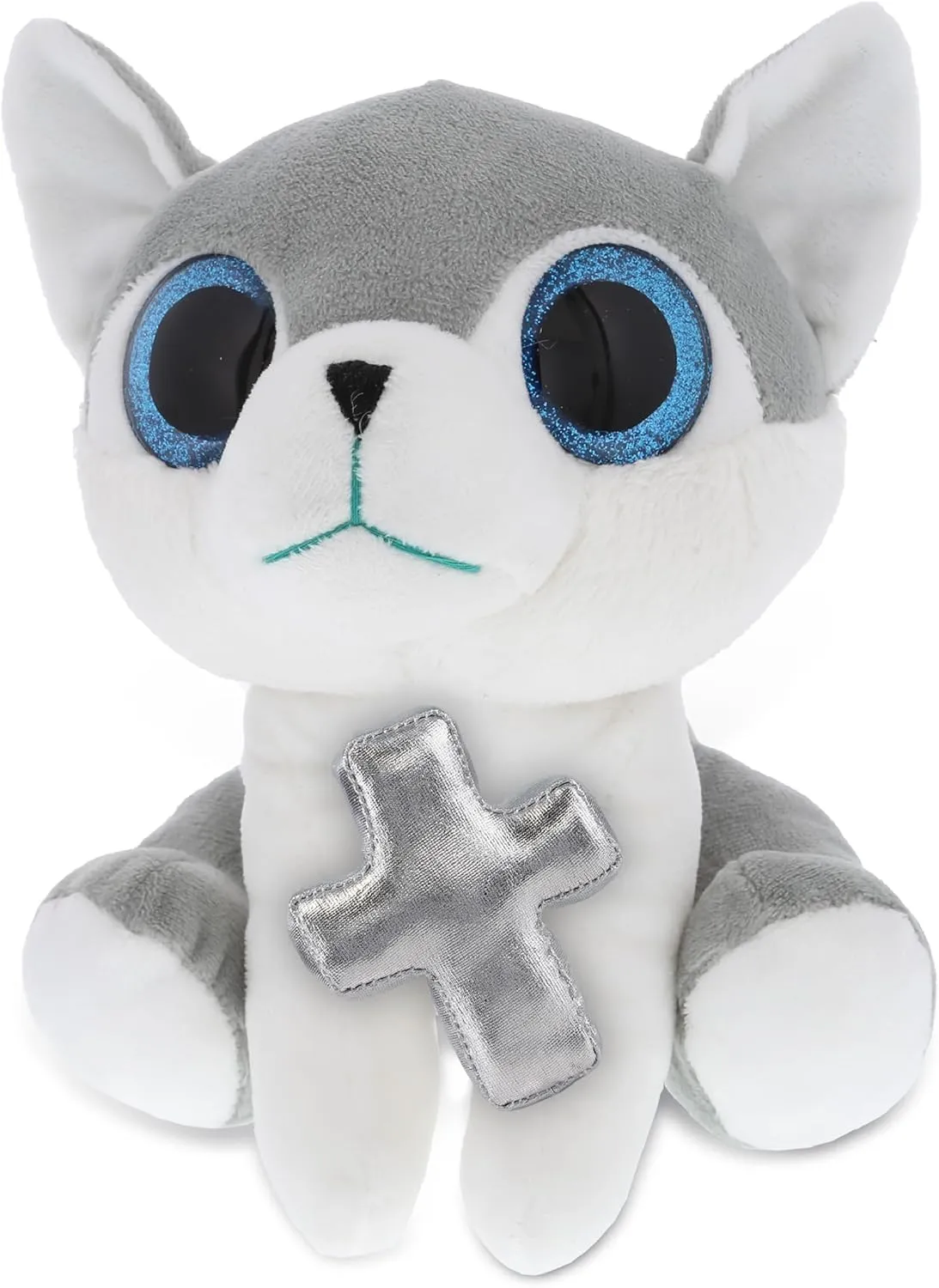 DolliBu Wolf Stuffed Animal with Silver Cross Plush - Religious Baptism Gifts for Boys and Girls, Cute Dedication Christening Gifts Plush Prayer Toy Healing Teddy Bear - 8 Inches