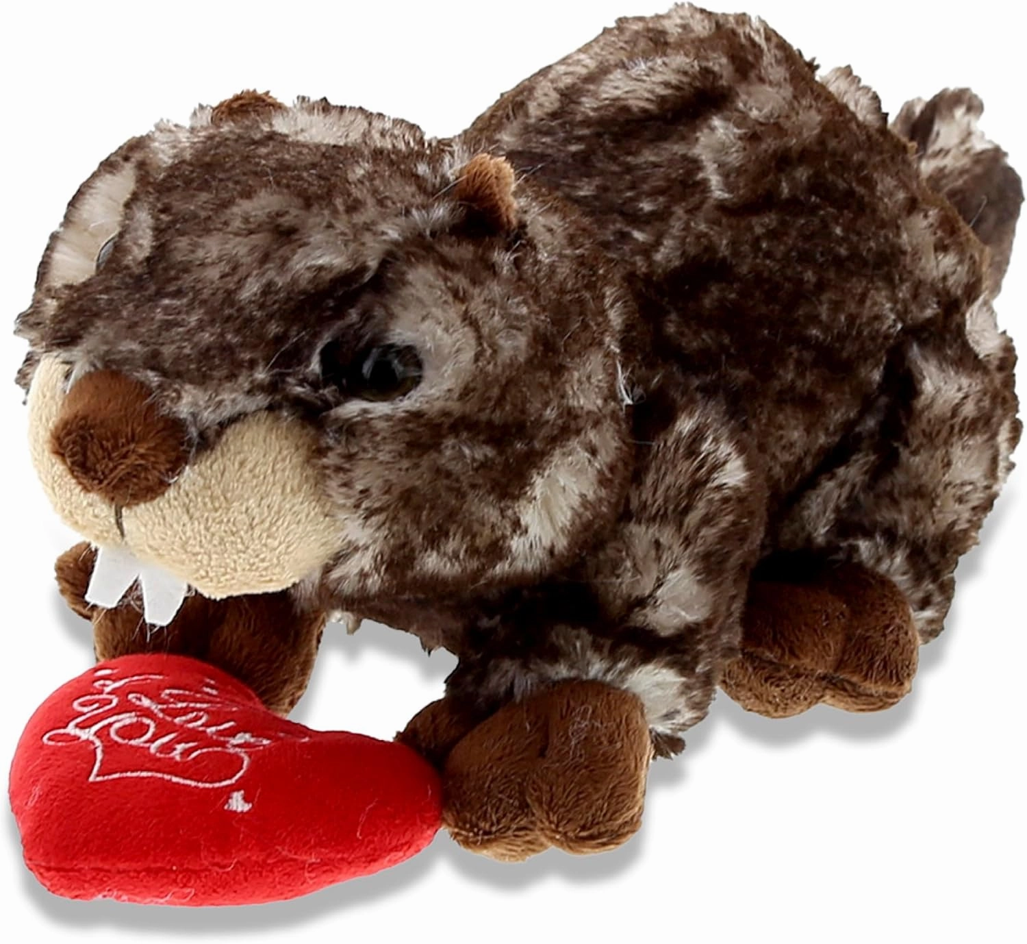 DolliBu I Love You Valentine Plush Lying Brown Marmot - Cute Stuffed Animal with Red Heart and Name Personalization Gift for Valentines Day, Birthday, Anniversary - 11 Inches