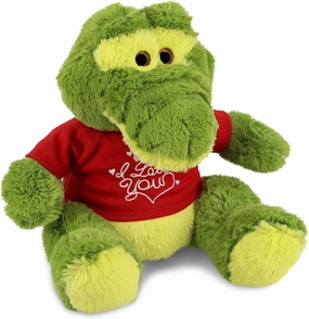 DolliBu I Love You Valentine Plush Sitting Green Alligator - Cute Stuffed Animal with Red Shirt and Name Personalization Gift for Valentines Day, Birthday, Anniversary - 12 Inches
