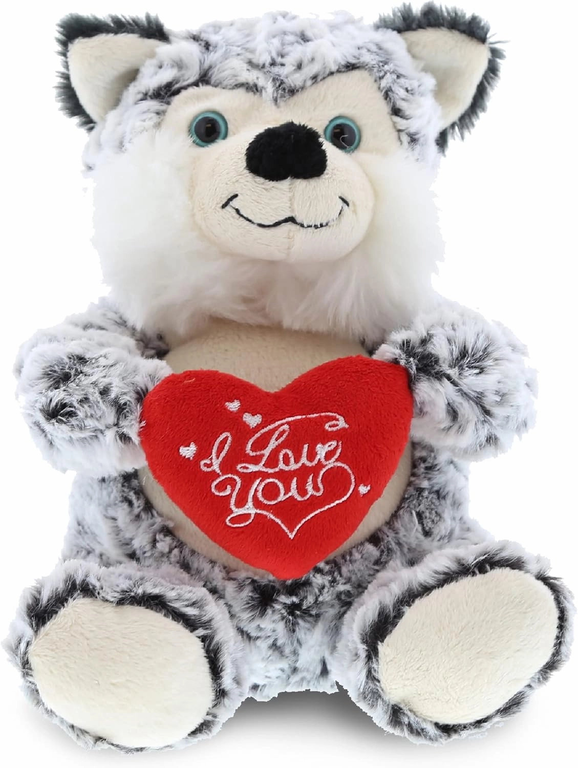 DolliBu I Love You Valentine Plush Sitting Husky Dog - Cute Stuffed Animal with Red Heart and Name Personalization Gift for Valentines Day, Birthday, Anniversary, Romantic Date - 9 Inches