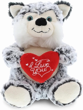 DolliBu I Love You Valentine Plush Sitting Husky Dog - Cute Stuffed Animal with Red Heart and Name Personalization Gift for Valentines Day, Birthday, Anniversary, Romantic Date - 9 Inches
