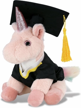 DolliBu Pink Unicorn Graduation Plush Toy - Soft Huggable Graduation Stuffed Animal Dress Up Gown and Cap with Tassel Outfit with Personalization - 9 Inches