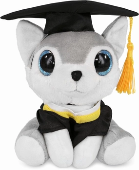 DolliBu Sparkle Eyes Wolf Graduation Plush Toy - Super Soft Graduation Stuffed Animal Dress Up Gown and Cap with Tassel Outfit with Personalization - 6 Inches