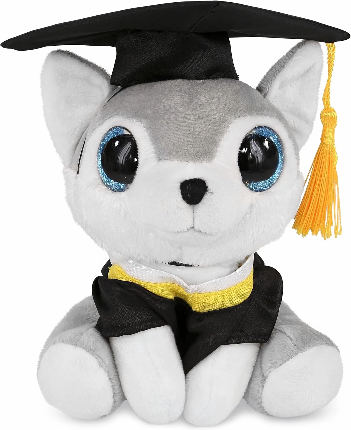 DolliBu Sparkle Eyes Wolf Graduation Plush Toy - Super Soft Graduation Stuffed Animal Dress Up Gown and Cap with Tassel Outfit with Personalization - 6 Inches