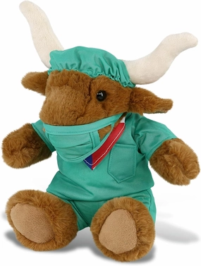 DolliBu Texas Longhorn Doctor Plush Toy - Super Soft Texas Longhorn Doctor Stuffed Animal Dress Up with Cute Scrub Uniform and Cap Outfit - Fluffy Doctor Toy Plush Gift- 9 Inches