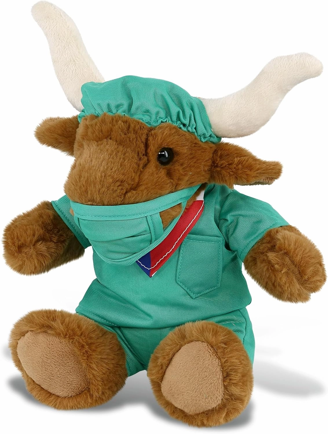 DolliBu Texas Longhorn Doctor Plush Toy - Super Soft Texas Longhorn Doctor Stuffed Animal Dress Up with Cute Scrub Uniform and Cap Outfit - Fluffy Doctor Toy Plush Gift- 9 Inches