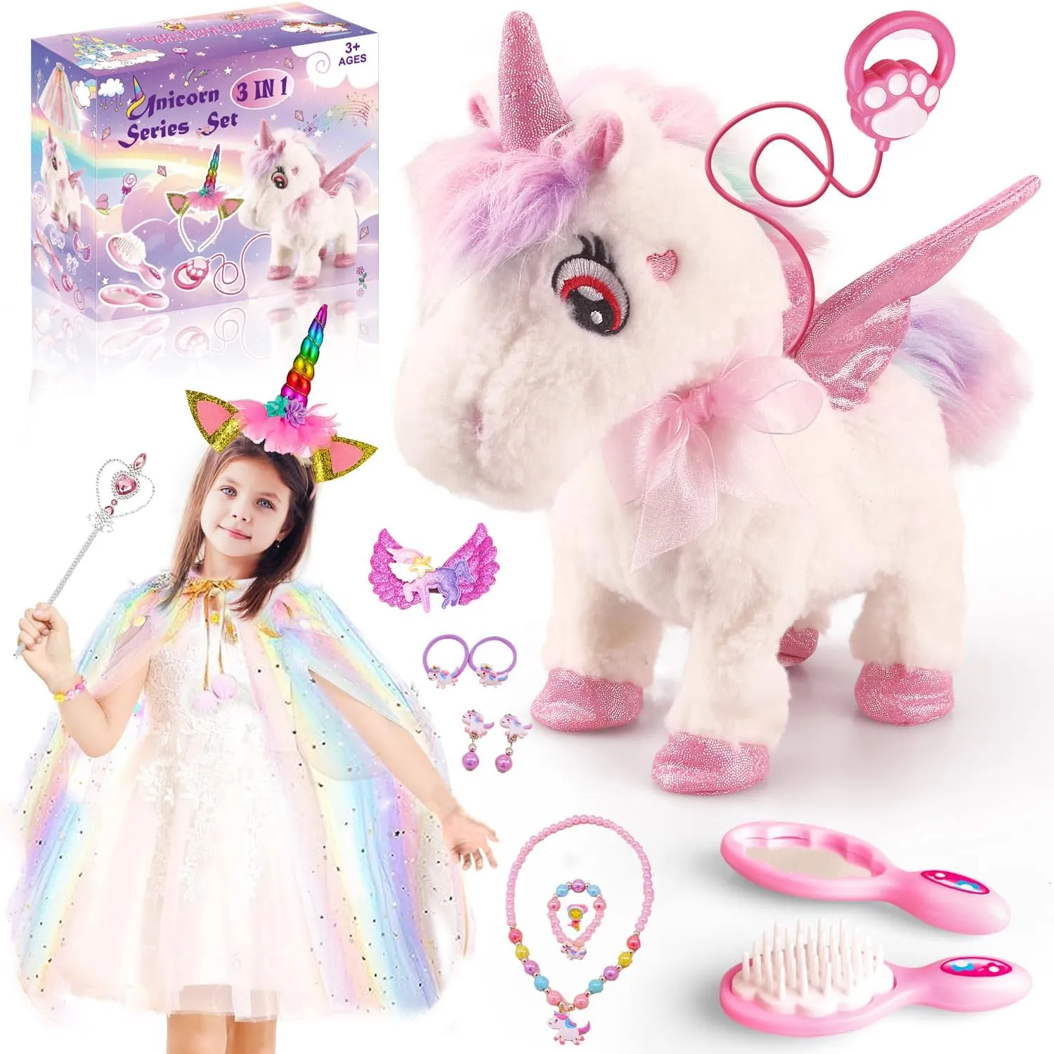 Dollox Electronic Unicorn Pets Toys for Girls Age 3-6, Interactive Walking Talking Unicorn Plush Horse with Remote Control, Toddler Unicorn Pretend Play Toy with Dress-Up Jewelry Set Kid Birthday Gift