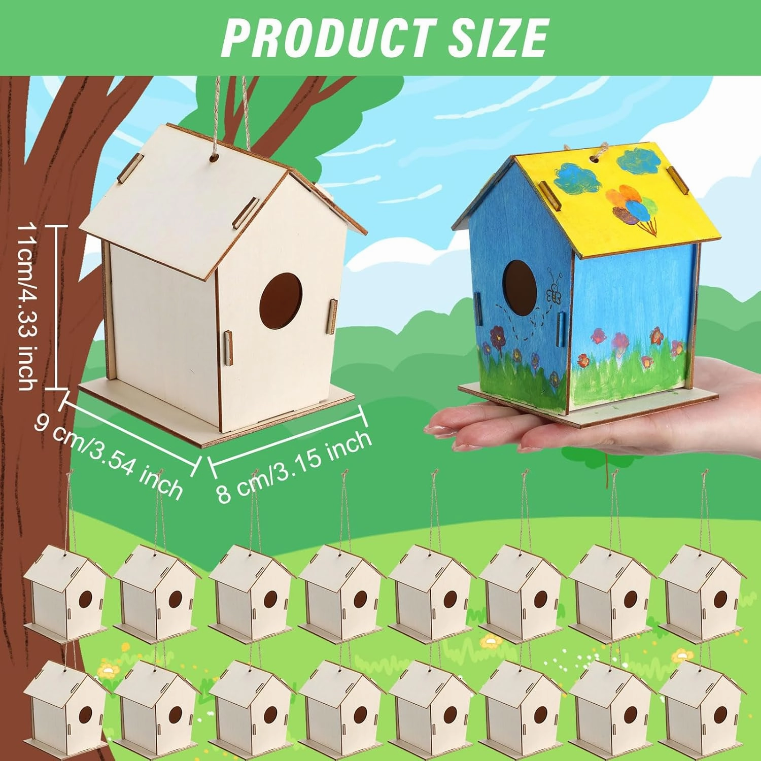 DoubleFill 48 Pcs 4.33" Wooden Bird Houses Bulk for Kids DIY Unfinished Hanging Birdhouse for Crafts Art Wood Toys boy Girl Class Activity Creative Project Parties Design