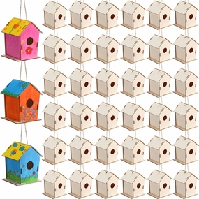 DoubleFill 48 Pcs 4.33" Wooden Bird Houses Bulk for Kids DIY Unfinished Hanging Birdhouse for Crafts Art Wood Toys boy Girl Class Activity Creative Project Parties Design