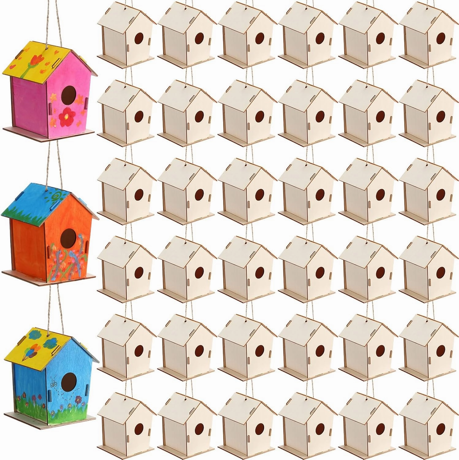 DoubleFill 48 Pcs 4.33" Wooden Bird Houses Bulk for Kids DIY Unfinished Hanging Birdhouse for Crafts Art Wood Toys boy Girl Class Activity Creative Project Parties Design