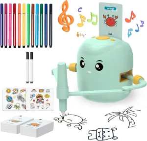 Drawing Robot for Kids Ages 3-8, Montessori-Inspired Voice-Guided Educational Toy with 100 Art Flashcards & 12 Color Pens, Creative Birthday Gift for Boys & Girls