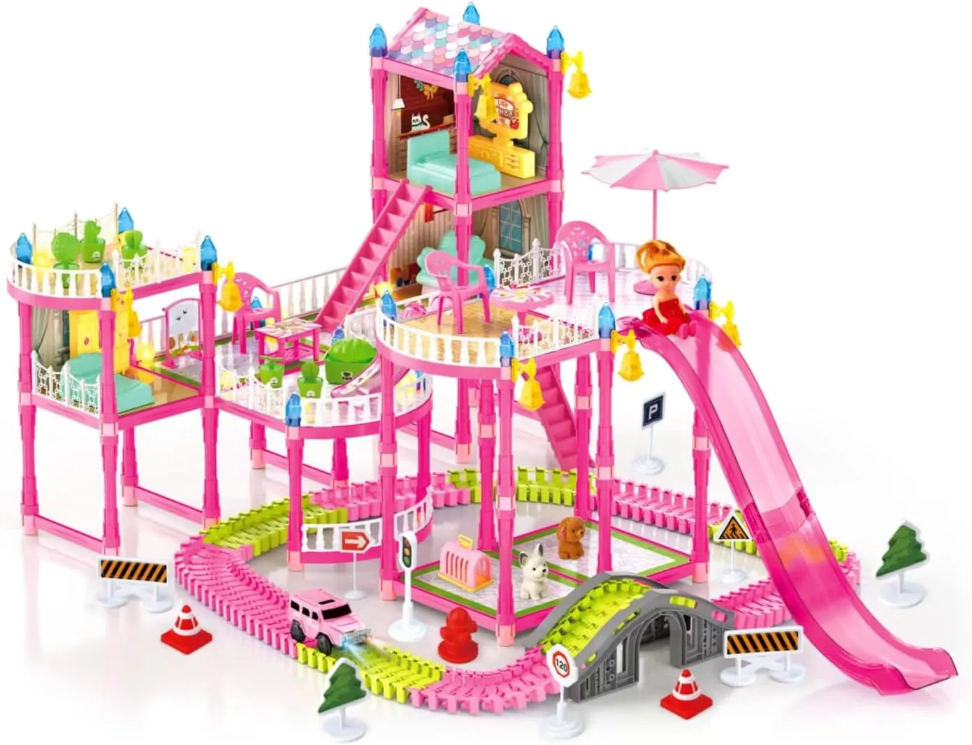 Dream Dollhouse, Racing Track, Dolls House playset with Toy Furniture and 3 Level Slide, Furniture, 1 Doll and 1 Buggy Toy and 10  Tracks Pet and Puppy Play Area 7 Rooms