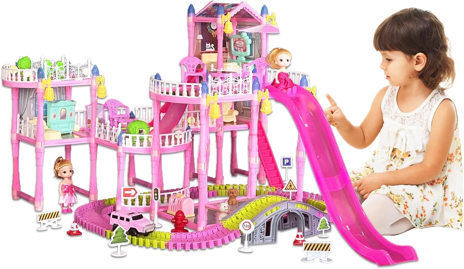 Dream Dollhouse, Racing Track, Dolls House playset with Toy Furniture and 3 Level Slide, Furniture, 1 Doll and 1 Buggy Toy and 10  Tracks Pet and Puppy Play Area 7 Rooms