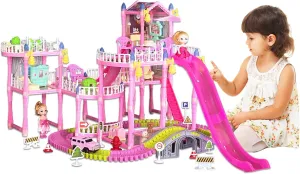 Dream Dollhouse, Racing Track, Dolls House playset with Toy Furniture and 3 Level Slide, Furniture, 1 Doll and 1 Buggy Toy and 10  Tracks Pet and Puppy Play Area 7 Rooms