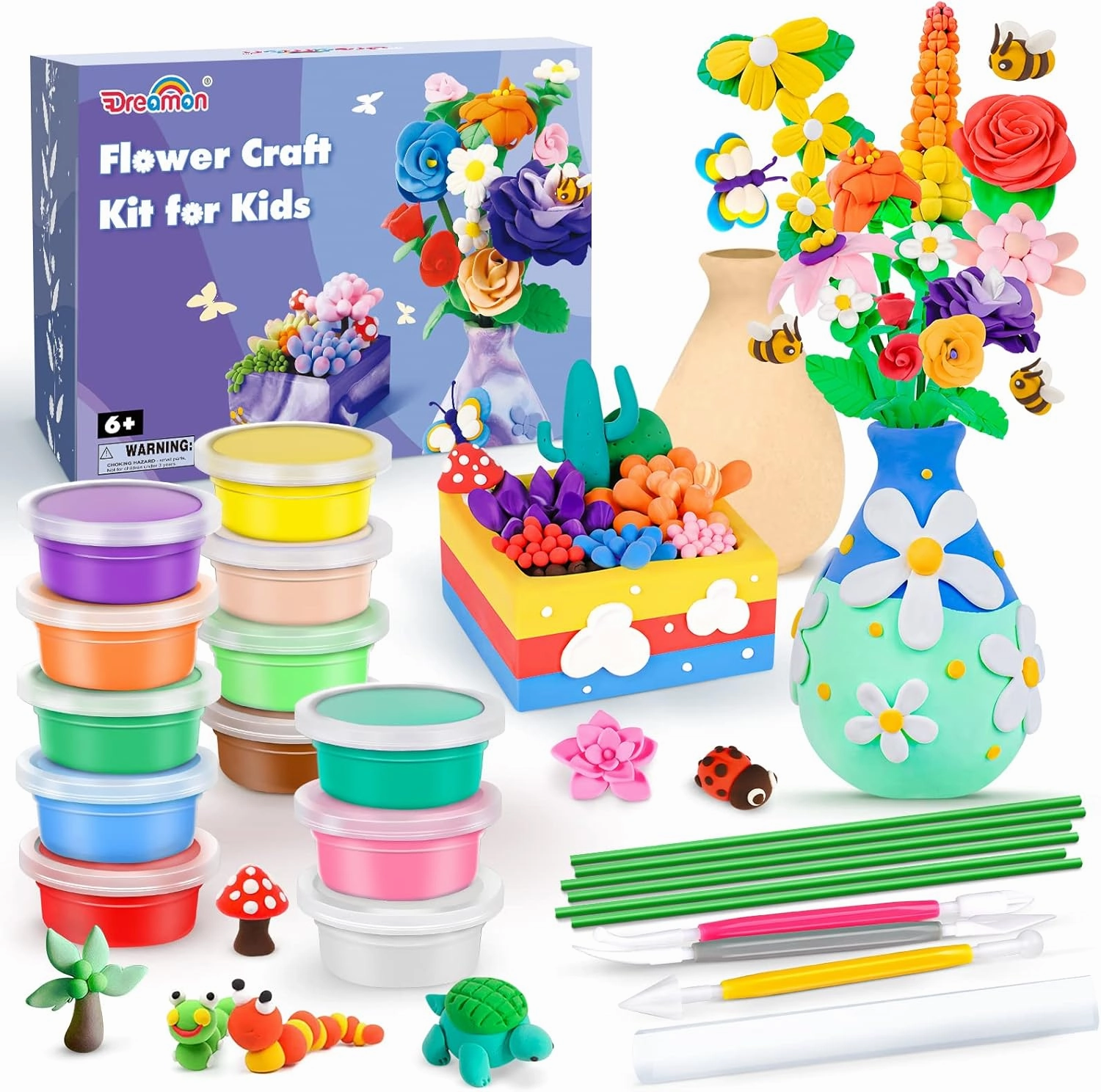 Dreamon Flower Craft Clay for Kids, DIY Your Own Flower Bouquet and Vase with 12 Color Air Dry Clay, Creative Arts and Crafts Project Gifts for Kids Ages 8-12