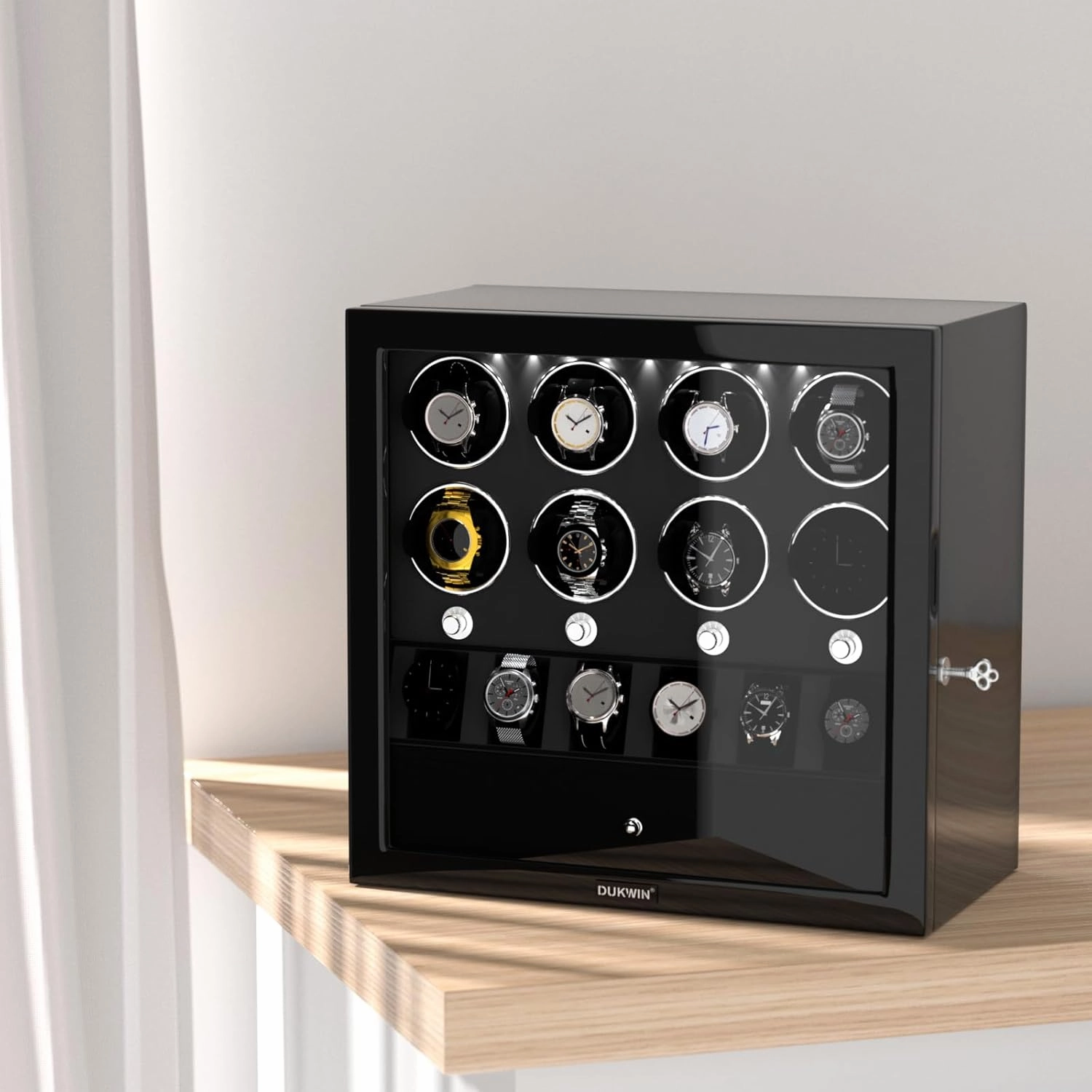 DUKWIN Watch Winder for 4/6/8 Automatic Watches, Lockable Winders with Watch Holders and Jewelry Storage, Super Quiet Motor with High-Gloss Finish, Built-in Illumination