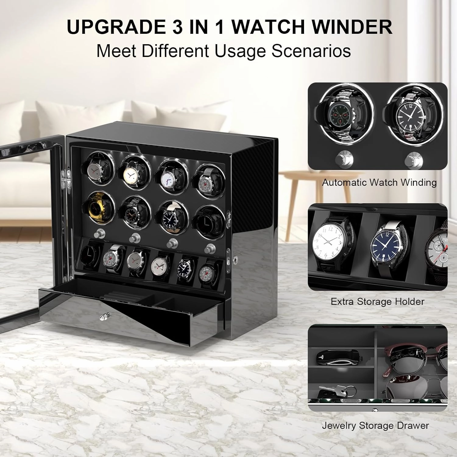 DUKWIN Watch Winder for 4/6/8 Automatic Watches, Lockable Winders with Watch Holders and Jewelry Storage, Super Quiet Motor with High-Gloss Finish, Built-in Illumination