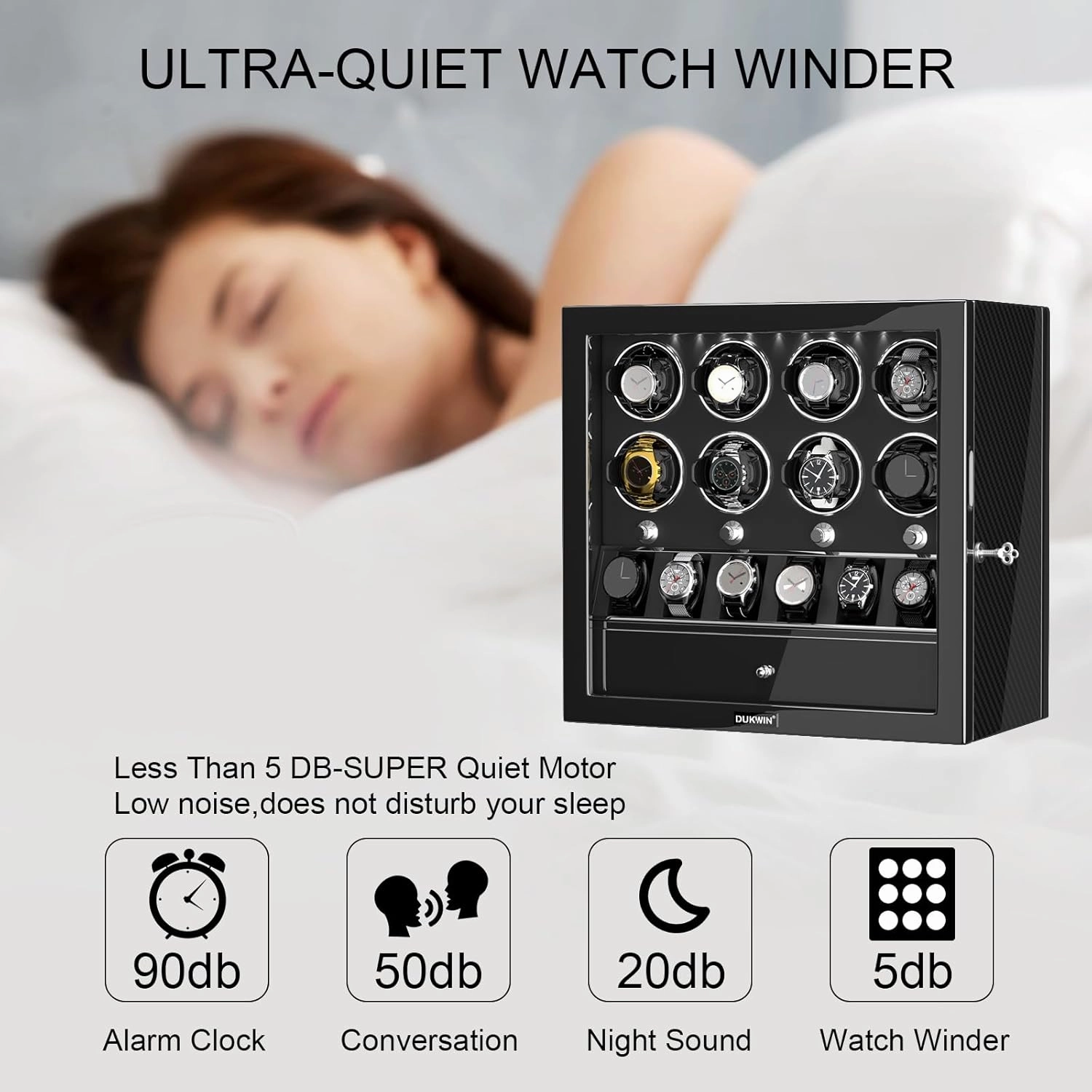 DUKWIN Watch Winder for 4/6/8 Automatic Watches, Lockable Winders with Watch Holders and Jewelry Storage, Super Quiet Motor with High-Gloss Finish, Built-in Illumination