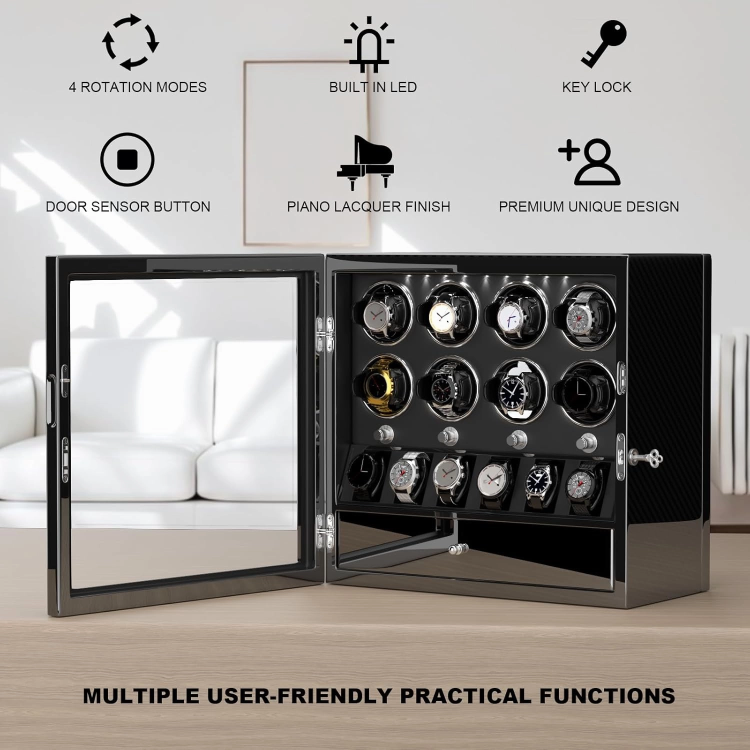 DUKWIN Watch Winder for 4/6/8 Automatic Watches, Lockable Winders with Watch Holders and Jewelry Storage, Super Quiet Motor with High-Gloss Finish, Built-in Illumination