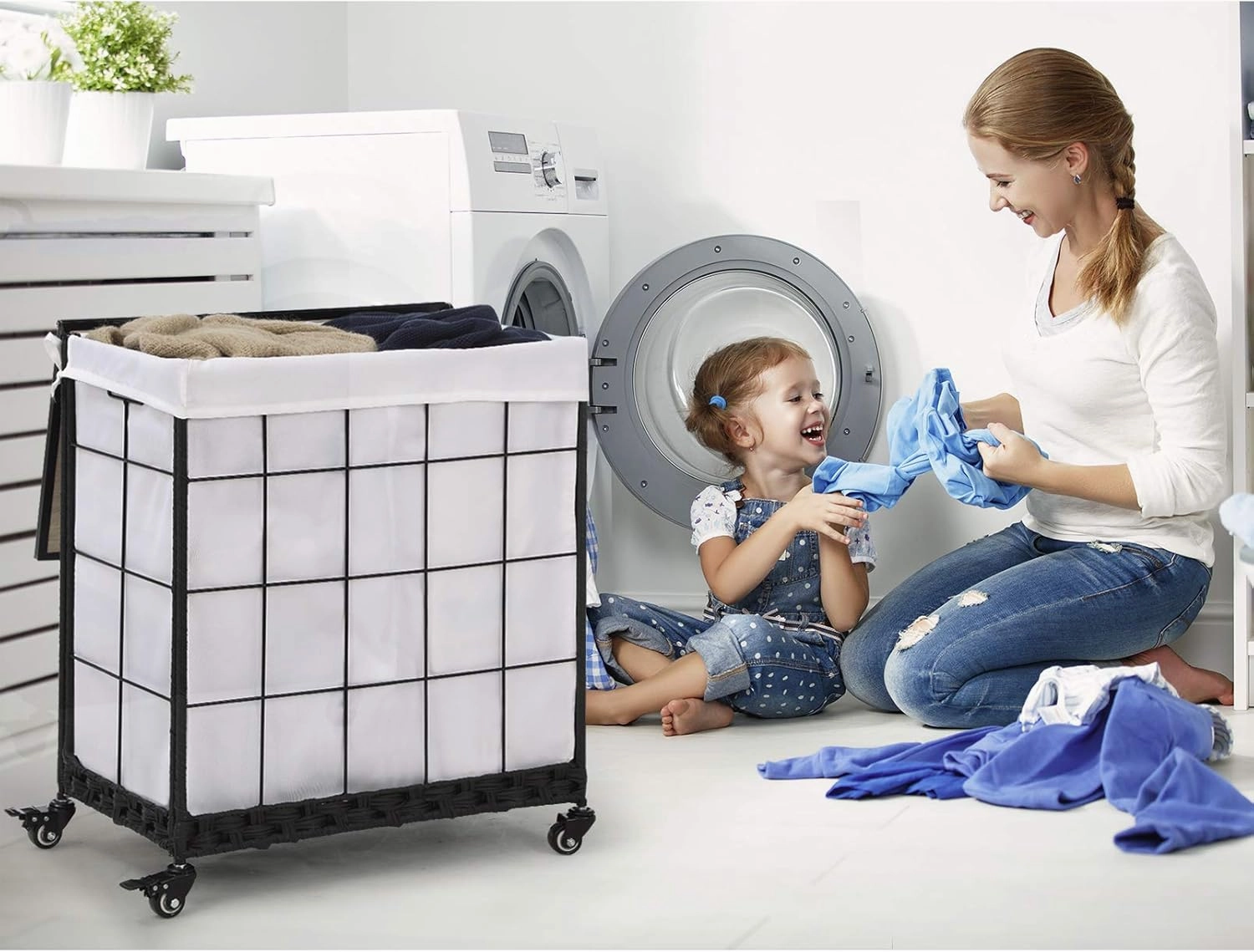 Durable Laundry Hamper with Removable Liner Bag, Heavy Duty Wheels, Wood Lid and Metal Handle - Clothes Sorter and Laundry Basket in White
