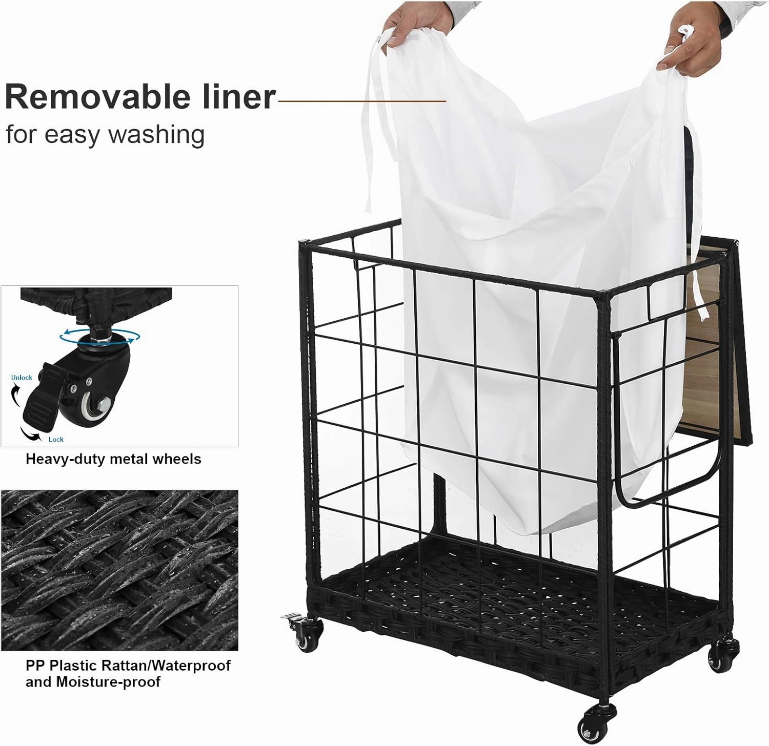 Durable Laundry Hamper with Removable Liner Bag, Heavy Duty Wheels, Wood Lid and Metal Handle - Clothes Sorter and Laundry Basket in White