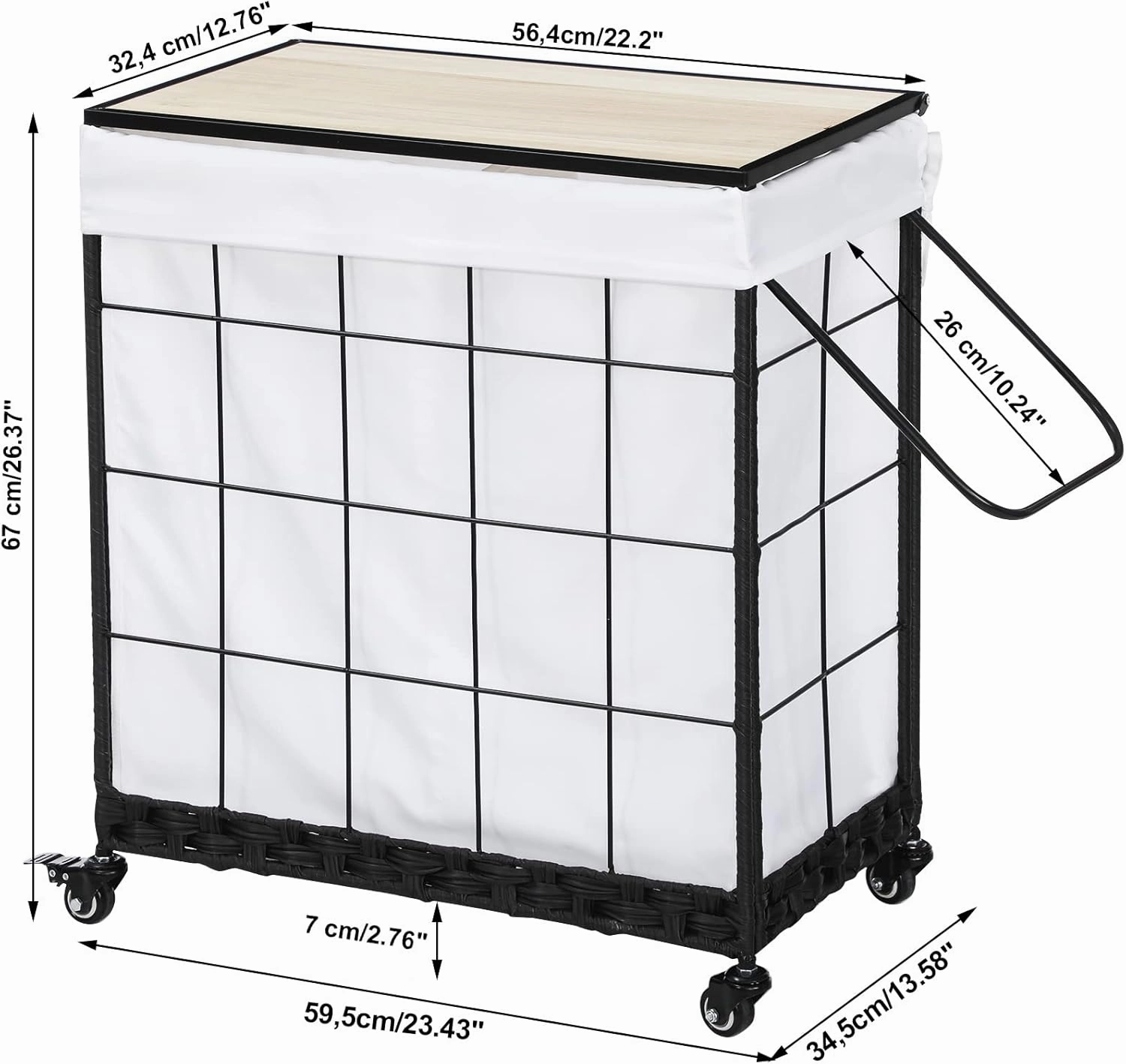 Durable Laundry Hamper with Removable Liner Bag, Heavy Duty Wheels, Wood Lid and Metal Handle - Clothes Sorter and Laundry Basket in White