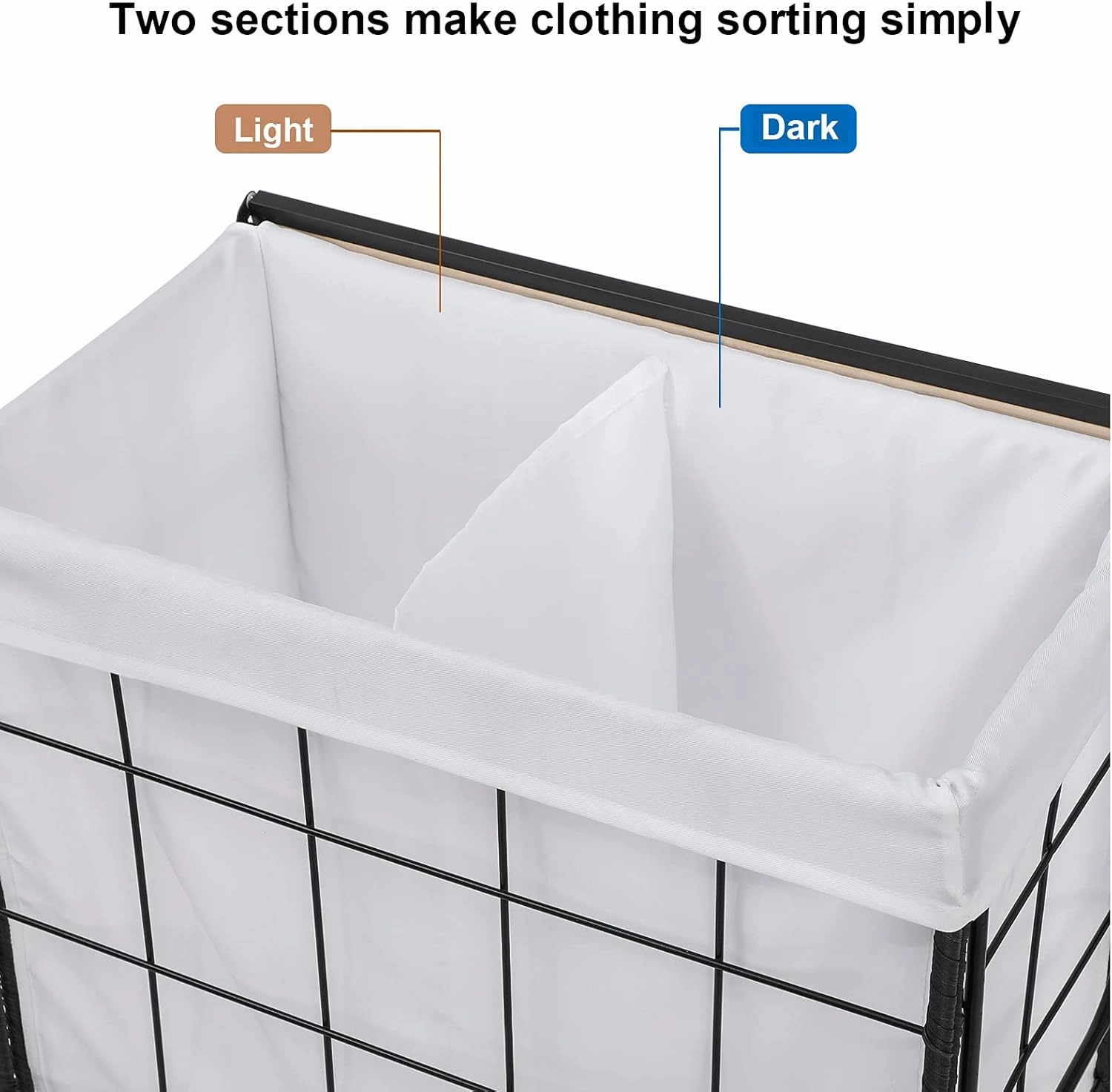 Durable Laundry Hamper with Removable Liner Bag, Heavy Duty Wheels, Wood Lid and Metal Handle - Clothes Sorter and Laundry Basket in White