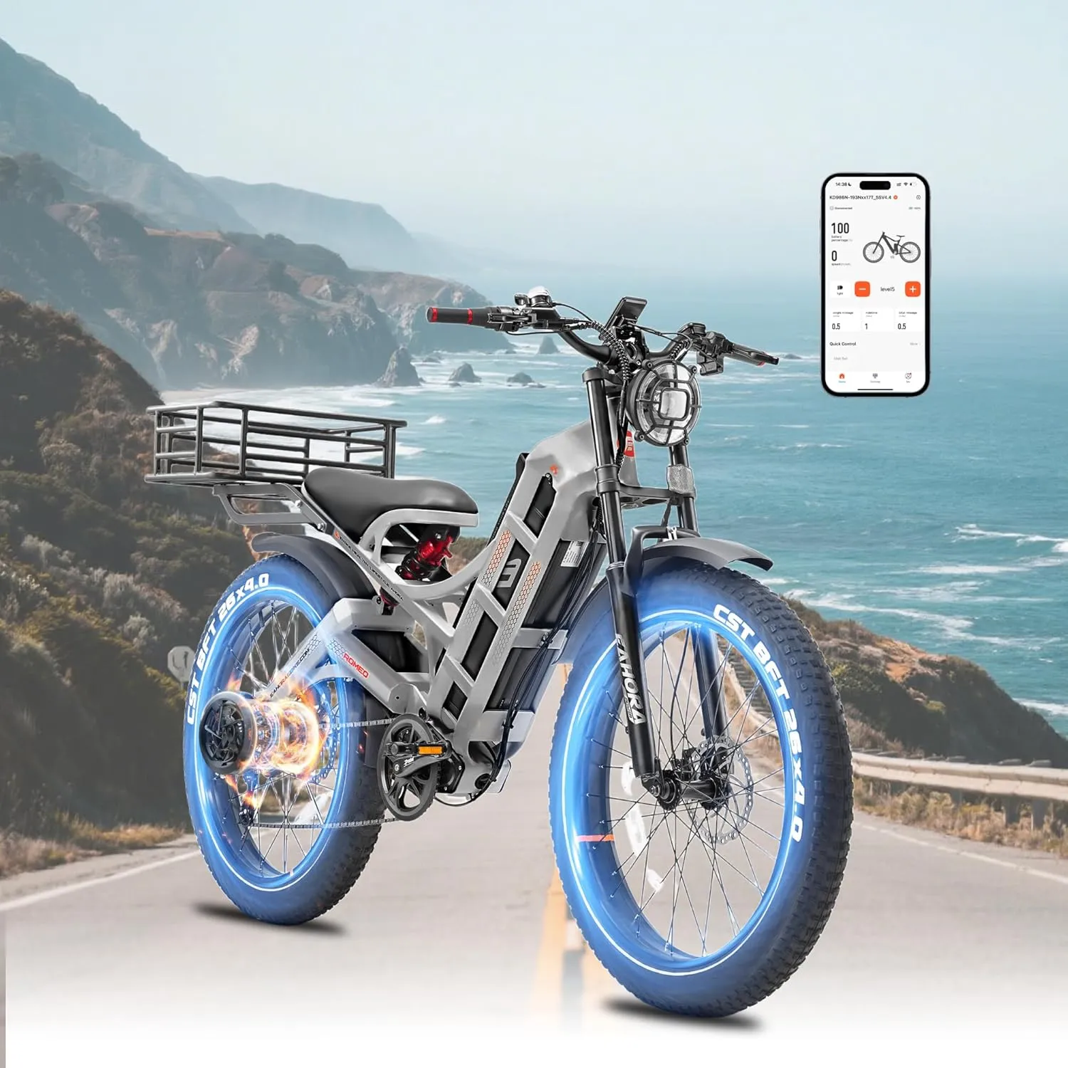 eAhora 2025 Romeo Long Range Electric Bike for Adults, 2500W/1600W, 52/48V60Ah Commuter Ebike, 40/34MPH Fast Electric Mountain Bicycle, 20"/26" Fat Tires, Color Display/App Control/All-terrain/weather