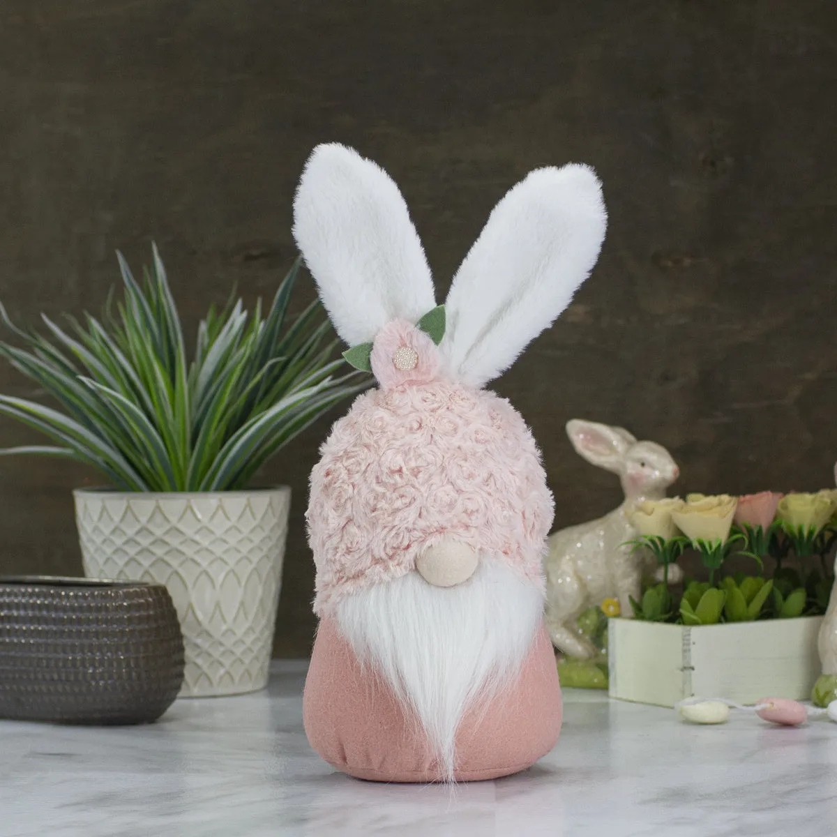 Easter and Spring Floral Gnome Head With Bunny Ears - 14" - Pink and White