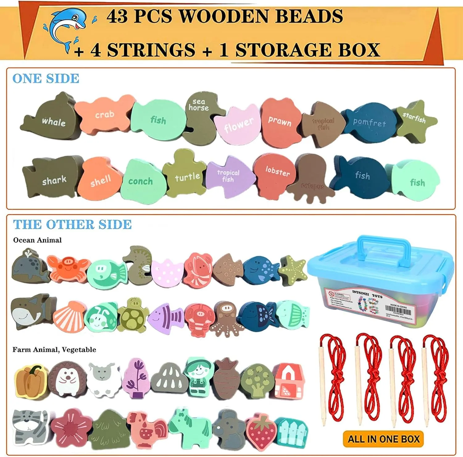 Educational Wooden Threading Beads Toys for Toddlers,47 PCS Stringing Animals Ocean Farm Preschool Lacing Beads,Montessori Toys for Kids 3 4 5 6 Year Old Boys Girls…