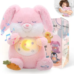 Emoin Breathing Stuffed Animal, Soothing Breathing Bunny Plush Sleep Buddy Soothe Snuggle My Bunny Toy with Realistic Breathing Motion and Lights Music for Adults and Kids-Pink