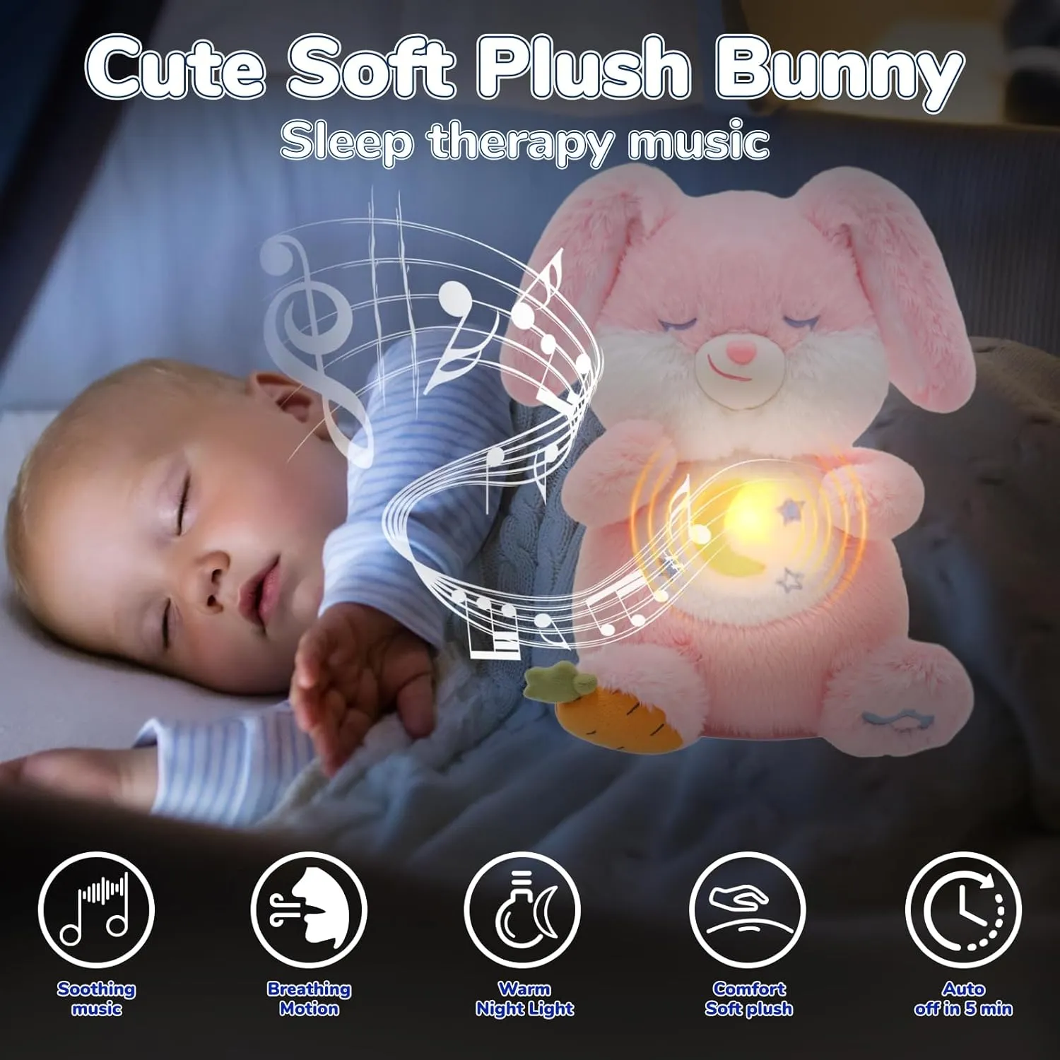 Emoin Breathing Stuffed Animal, Soothing Breathing Bunny Plush Sleep Buddy Soothe Snuggle My Bunny Toy with Realistic Breathing Motion and Lights Music for Adults and Kids-Pink