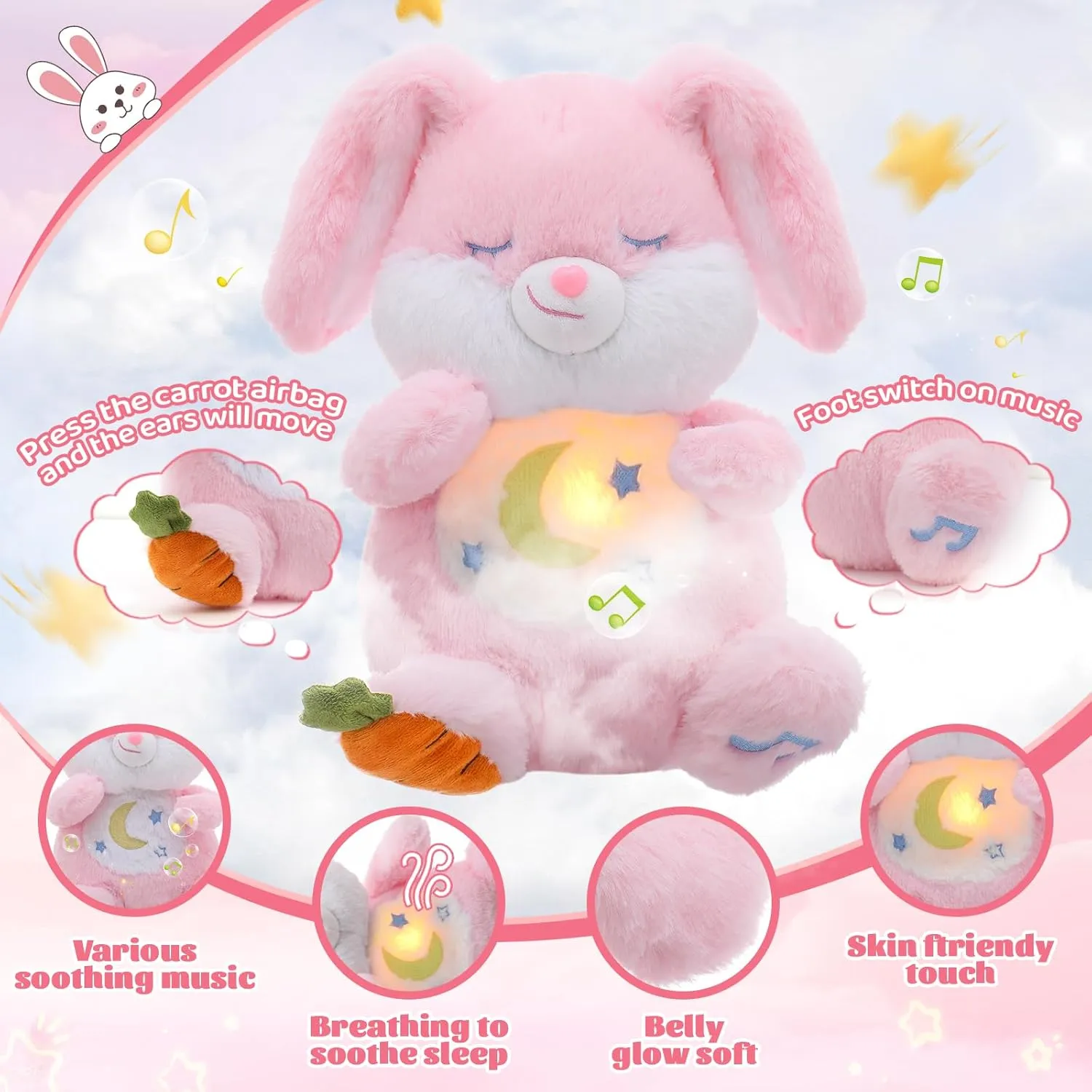 Emoin Breathing Stuffed Animal, Soothing Breathing Bunny Plush Sleep Buddy Soothe Snuggle My Bunny Toy with Realistic Breathing Motion and Lights Music for Adults and Kids-Pink