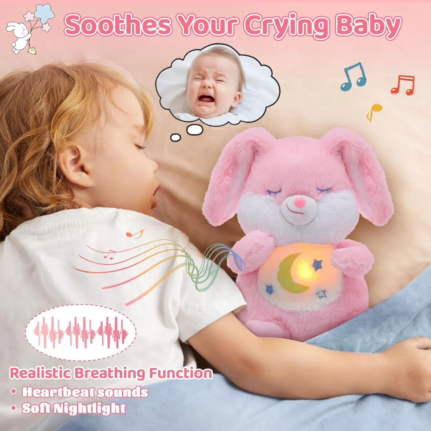 Emoin Breathing Stuffed Animal, Soothing Breathing Bunny Plush Sleep Buddy Soothe Snuggle My Bunny Toy with Realistic Breathing Motion and Lights Music for Adults and Kids-Pink