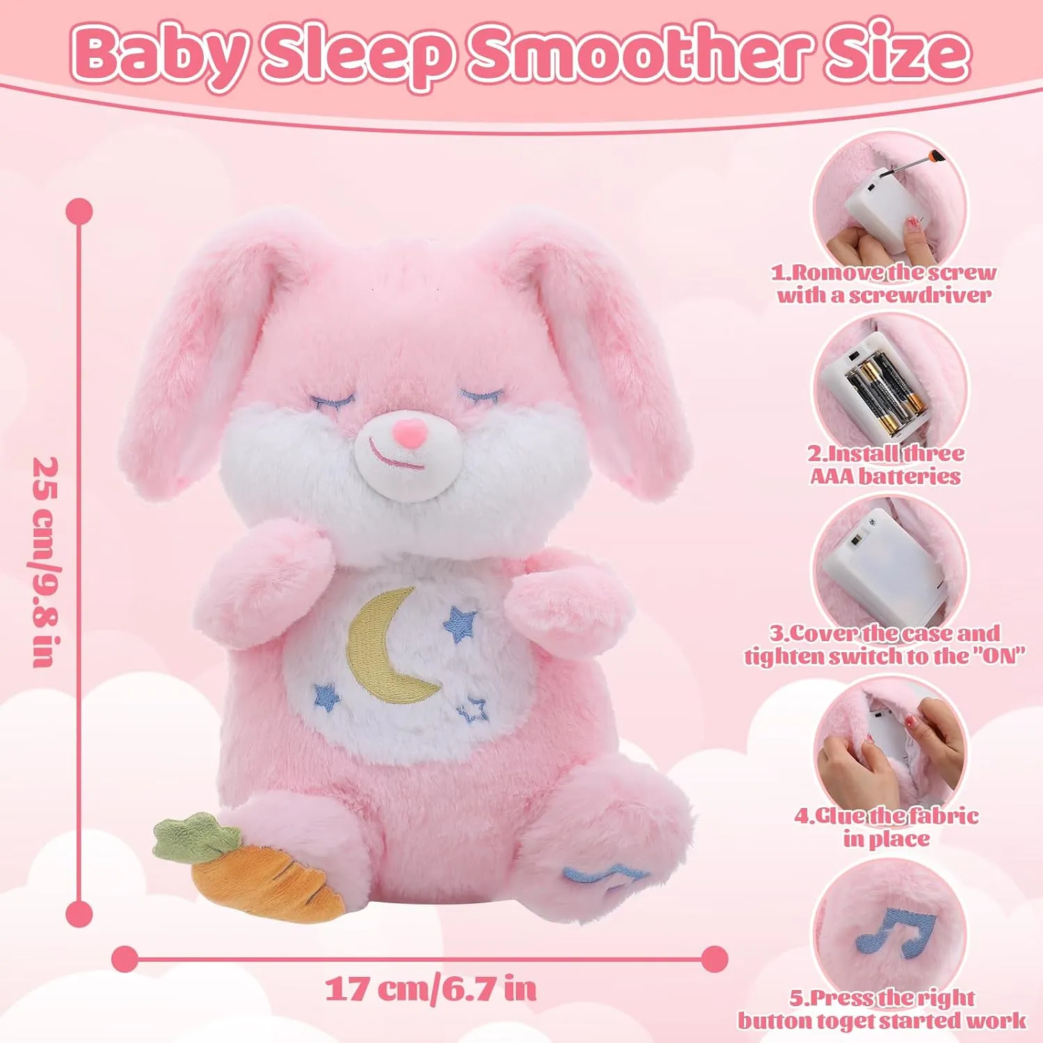 Emoin Breathing Stuffed Animal, Soothing Breathing Bunny Plush Sleep Buddy Soothe Snuggle My Bunny Toy with Realistic Breathing Motion and Lights Music for Adults and Kids-Pink