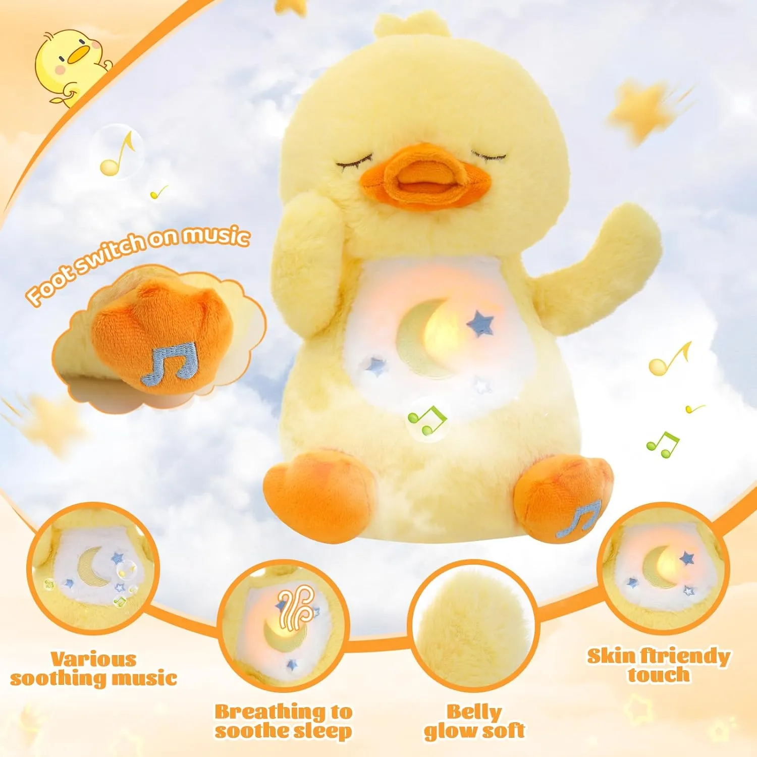 Emoin Duck Stuffed Animal, Soothing Breathing Duck Plush Sleep Buddy Soothe Snuggle Duck Baby Toy with Realistic Breathing Motion and Lights Music for Anxiety Adults and Kids