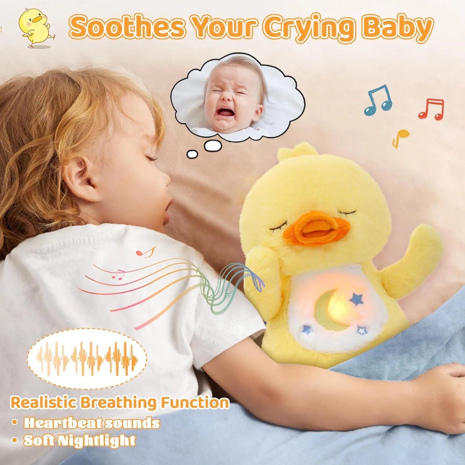 Emoin Duck Stuffed Animal, Soothing Breathing Duck Plush Sleep Buddy Soothe Snuggle Duck Baby Toy with Realistic Breathing Motion and Lights Music for Anxiety Adults and Kids