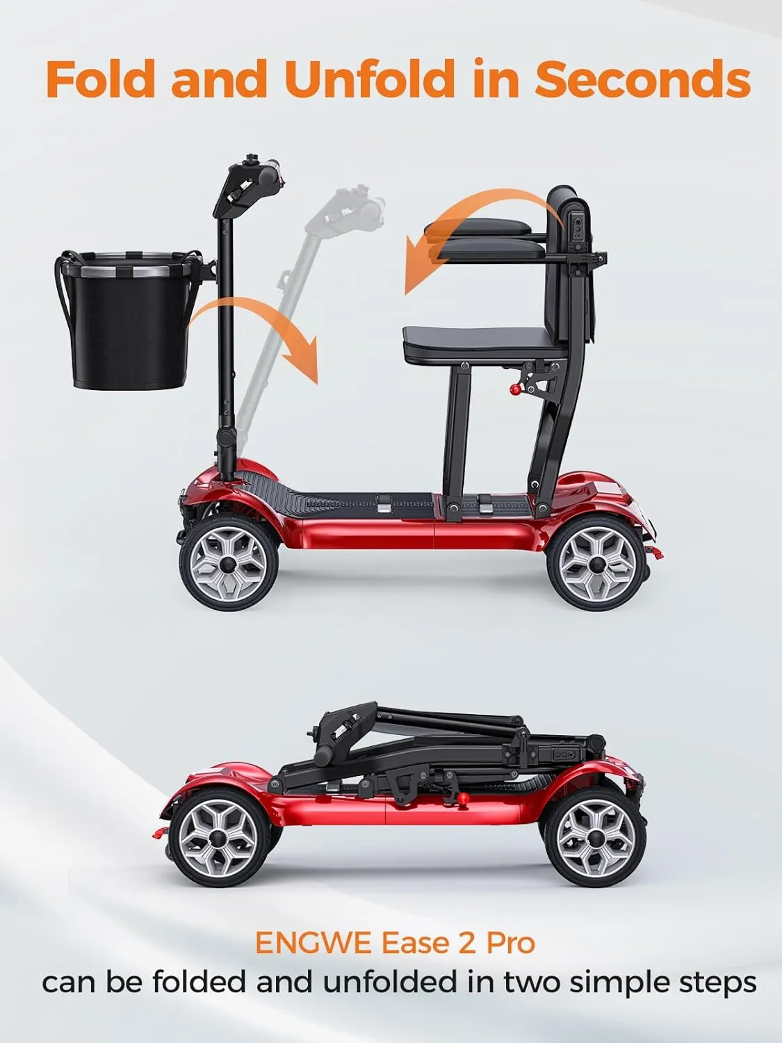 ENGWE Electric Powered Mobility Scooter, 43.2Lbs Lightweight Folding Mobility Scooters for Adults Seniors, 24Miles Long Travel w/Removable 240WH*2 Lithium Batteries and Basket, Charger (Red)