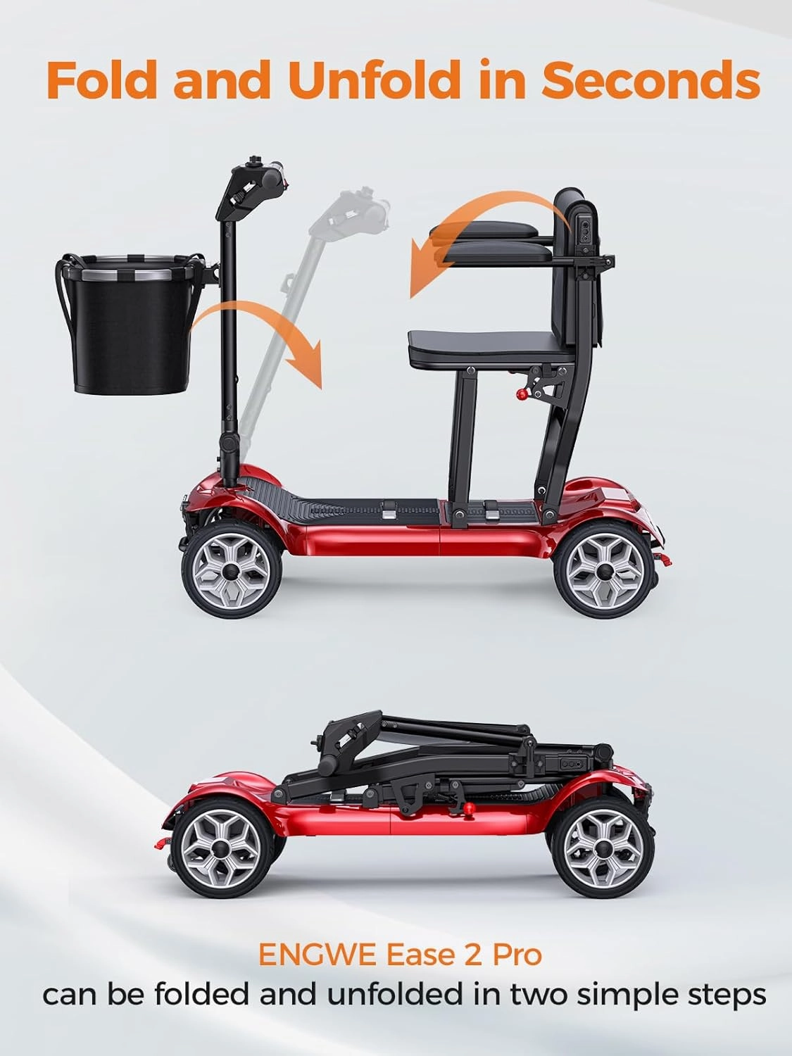 ENGWE Electric Powered Mobility Scooter, 43.2Lbs Lightweight Folding Mobility Scooters for Adults Seniors, 24Miles Long Travel w/Removable 240WH*2 Lithium Batteries and Basket, Charger (Red)