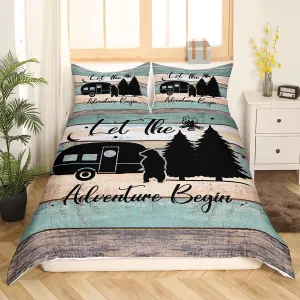 Erosebridal Camper Bedding 3 Pieces, Rustic Farmhouse Style Comforter Cover Happy Camping Bedding Set for Teens Adult Camping Bedding,Black Sketch Drawing Bear Decor Duvet Cover, Queen Size
