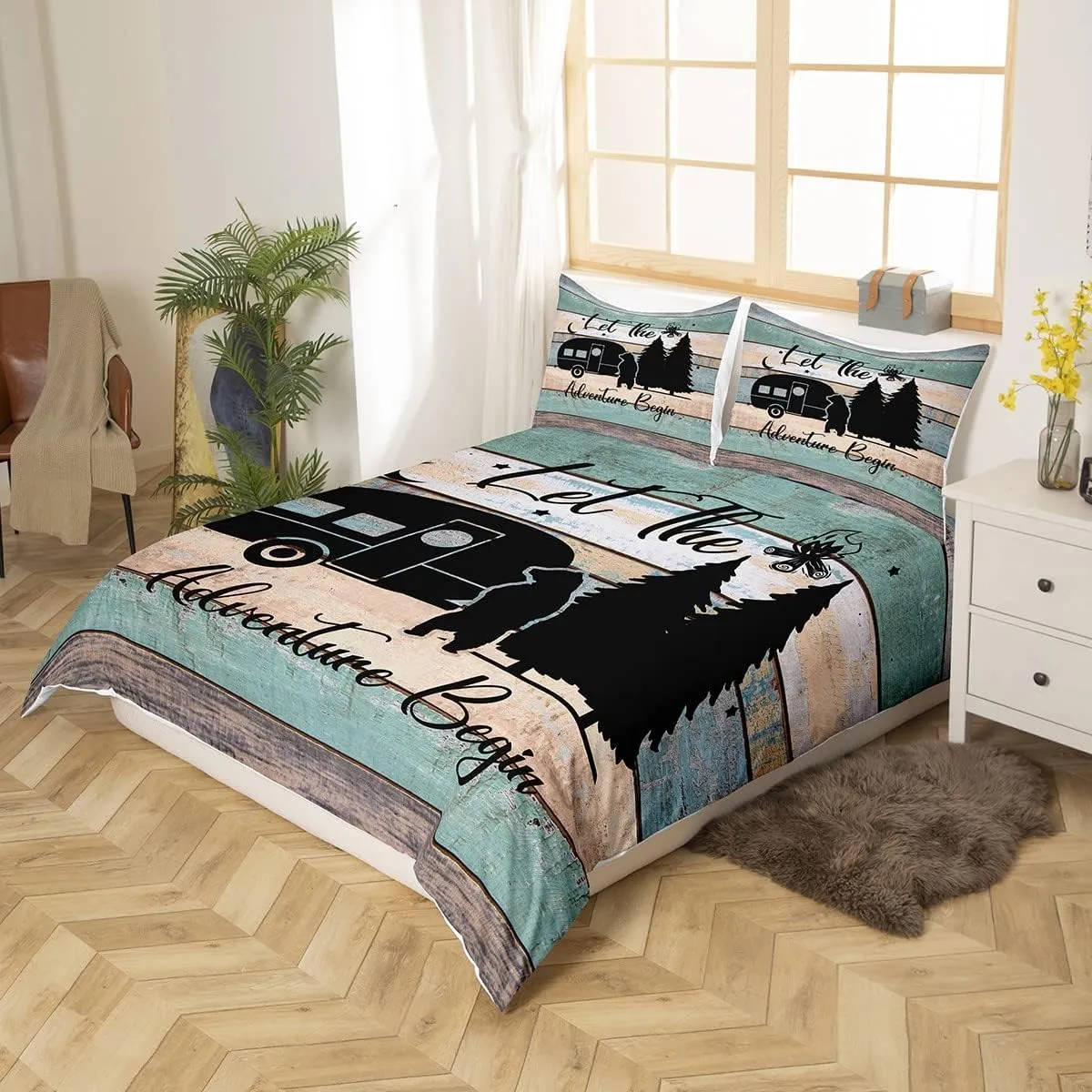 Erosebridal Camper Bedding 3 Pieces, Rustic Farmhouse Style Comforter Cover Happy Camping Bedding Set for Teens Adult Camping Bedding,Black Sketch Drawing Bear Decor Duvet Cover, Queen Size