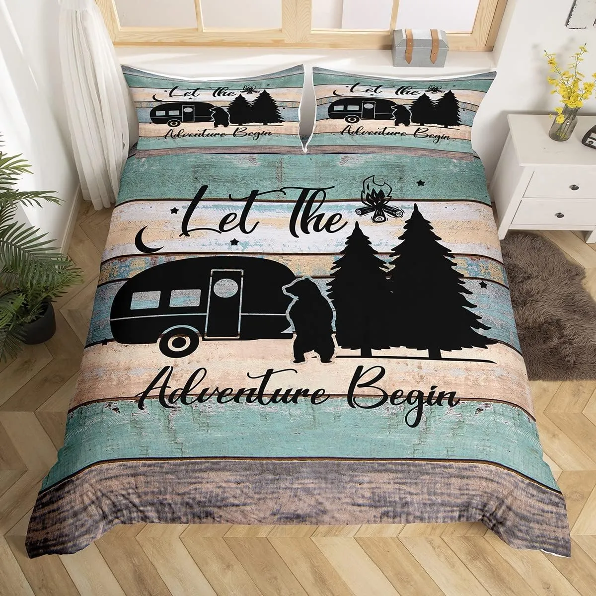 Erosebridal Camper Bedding 3 Pieces, Rustic Farmhouse Style Comforter Cover Happy Camping Bedding Set for Teens Adult Camping Bedding,Black Sketch Drawing Bear Decor Duvet Cover, Queen Size