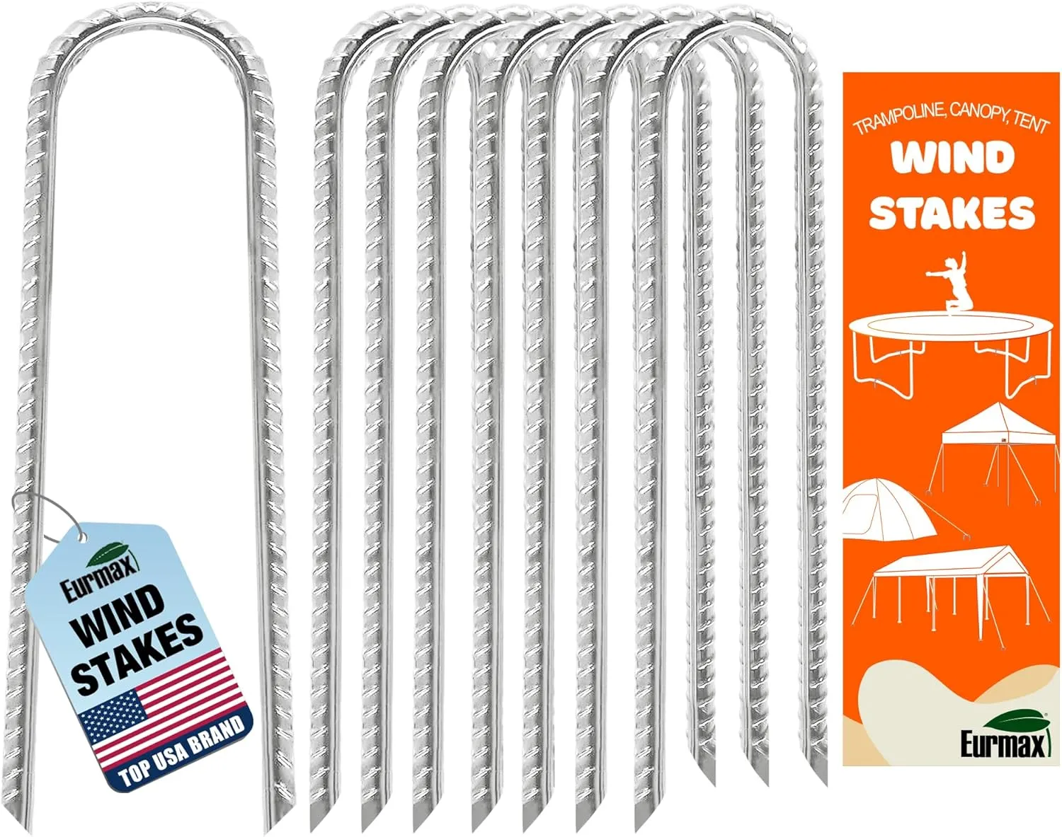 Eurmax USA Strong Trampoline Anchor Stake High Wind, Ground Anchors Heavy Duty, Tent Stakes,Trampoline Accessories, Swing Set Anchors, Ground Stakes, Pack of 8(Silver)