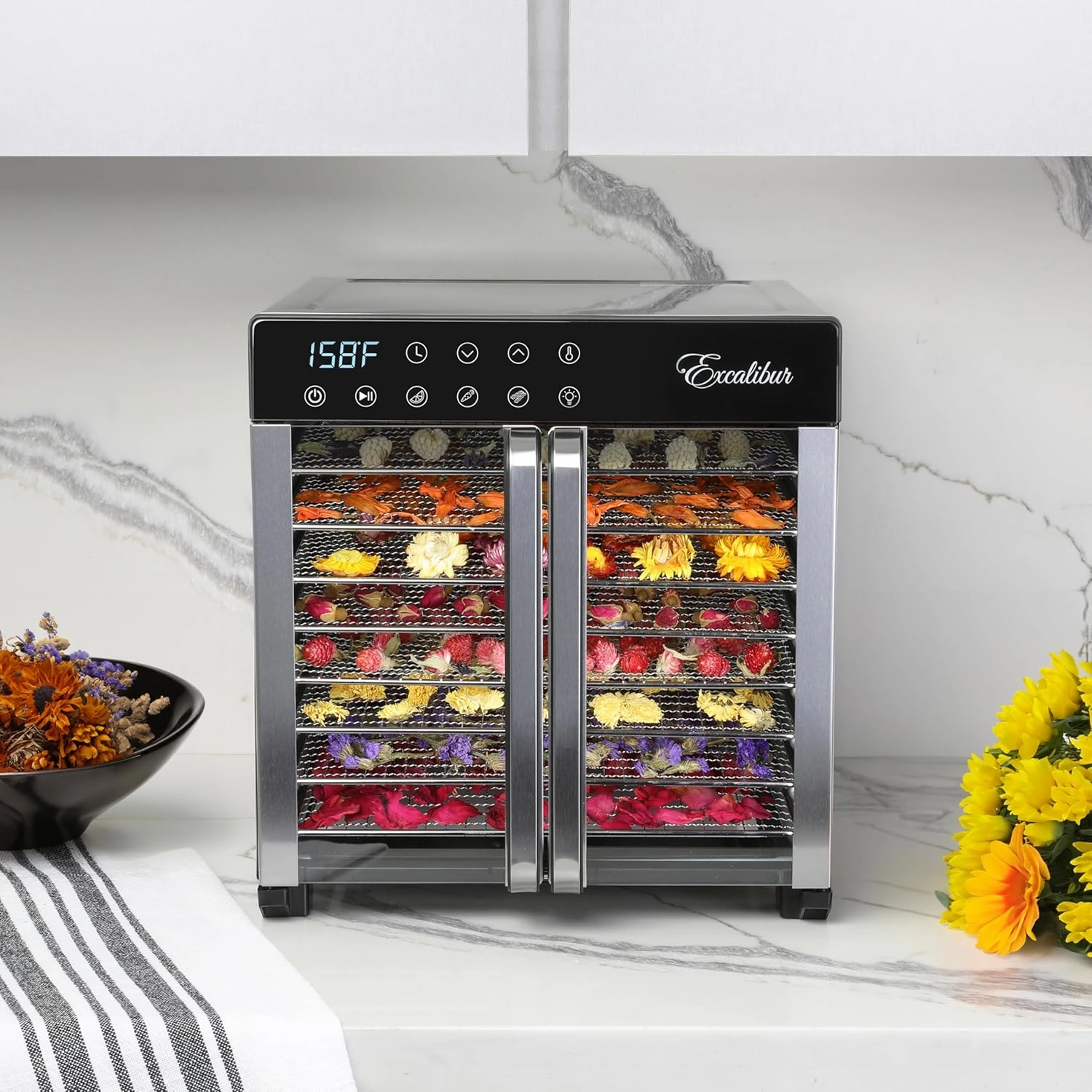 Excalibur Electric Food Dehydrator 8-Tray 7.2 Cu Ft Drying Space with Adjustable Temperature Control Stainless Steel Construction and Glass French Doors, 700-Watts, Stainless Steel