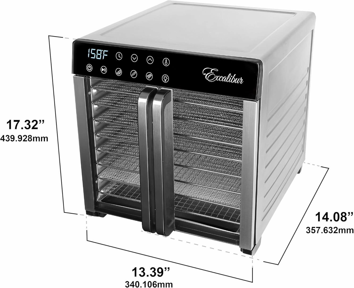 Excalibur Electric Food Dehydrator 8-Tray 7.2 Cu Ft Drying Space with Adjustable Temperature Control Stainless Steel Construction and Glass French Doors, 700-Watts, Stainless Steel