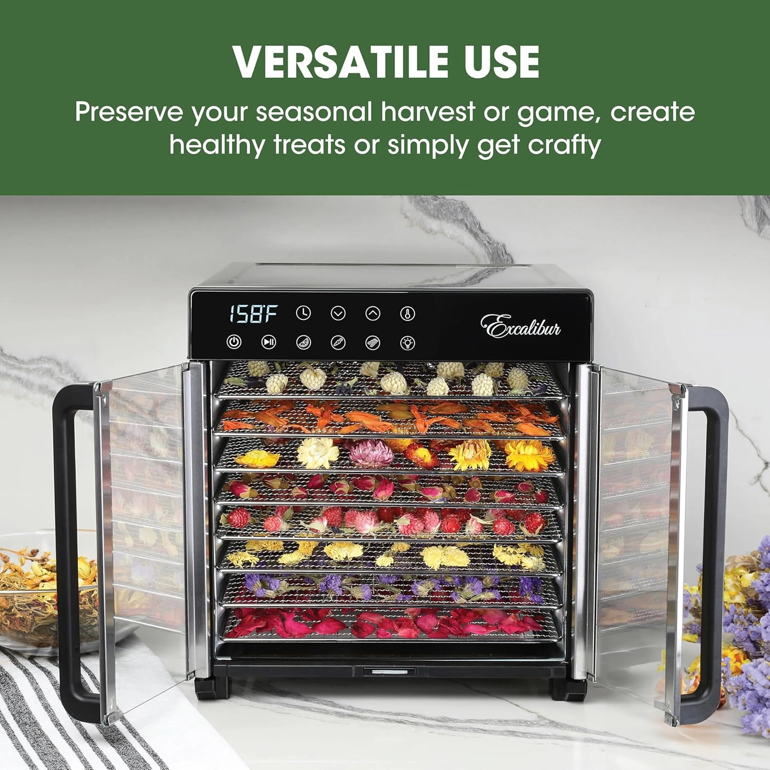 Excalibur Electric Food Dehydrator 8-Tray 7.2 Cu Ft Drying Space with Adjustable Temperature Control Stainless Steel Construction and Glass French Doors, 700-Watts, Stainless Steel