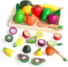 Fajiabao Wooden Play Food Set for Kids Kitchen Montessori Toddlers Toys 1-3 Pretend Cutting Fruit Educational Easter Birthday Gifts for Girls Boys 2 3 4 Year Old