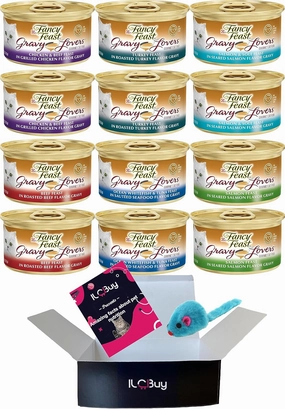 Fancy Feast Gravy Lovers Bundle, 2 Turkey, 2 Ocean Whitefish, 2 Salmon & Sole, 2 Beef, 2 Salmon Feast , & 2 Chicken & Beef. Each can is Total of 12 cans and Mouse Toy., 3 Ounce (Pack of 12)